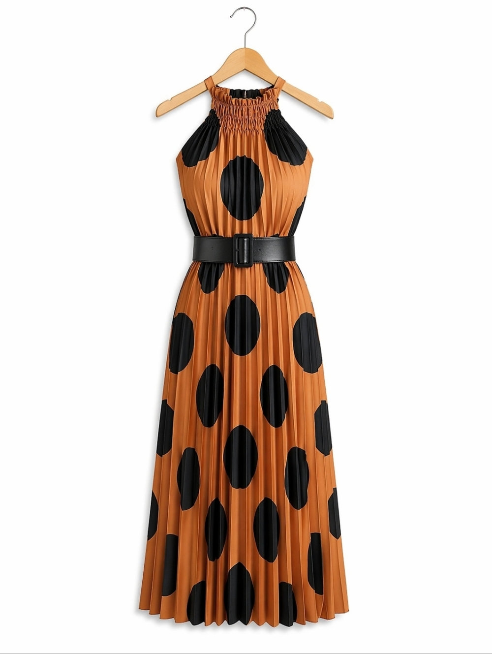 Polka Dot Pleated Halter Maxi Dress Black & Tan